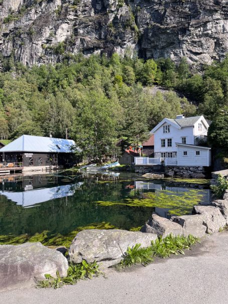 Idyllische Landschaft mit Wasser, umgeben von Bäumen und zwei Gebäuden.